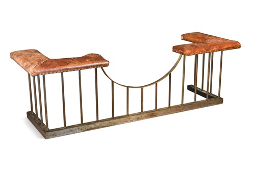 Lot 320 - A polished brass leather seated club fender, 20th century