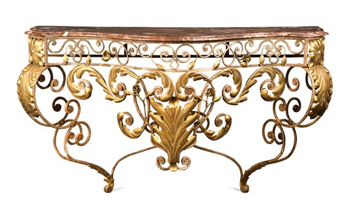 Lot 541 - A wrought iron marble topped console table, early 20th century