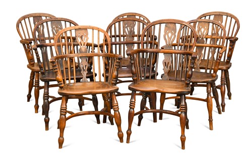 Lot 263 - Eight yew and elm stick back armchairs, early 19th century