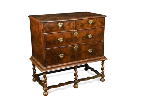 Lot 281 - A Queen Anne and later oyster veneered walnut chest on stand