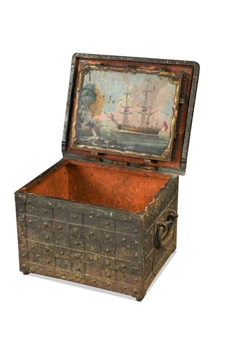 Lot 297 - A wrought iron and painted strong box, 18th century