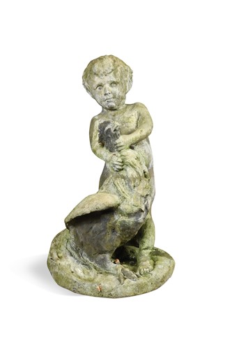 Lot 602 - A lead garden figure of a boy struggling to hold a cockerel, early 20th century