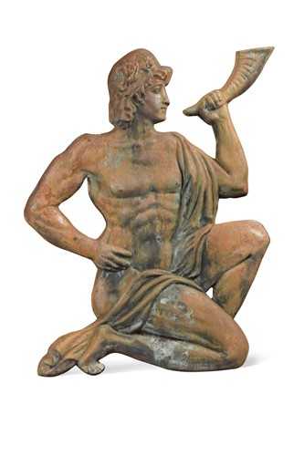 Lot 486 - A cast metal wall applique modelled as a classical horn player, 20th century
