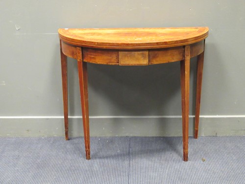 Lot 446 - A George III style mahogany and thuya banded demi-lune games table, late 20th century