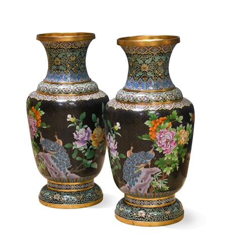 Lot 83 - A large pair of Chinese cloisonne floral baluster vases, late 20th century