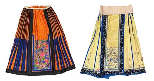 Lot 63 - Two Chinese silk embroidered skirts, early to mid-20th century