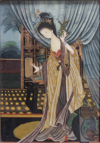 Lot 294 - A Japanese reverse glass painting, full length...