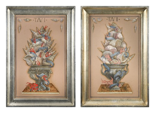 Lot 466 - A pair of contemporary assembled collages of shells and corals within urns, 20th century