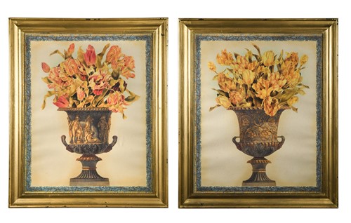 Lot 343 - A pair of contemporary assembled collages of tulips within urns, 20th century