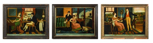 Lot 246 - Connubial Happiness, a group of three reverse glass mezzotints, 19th century