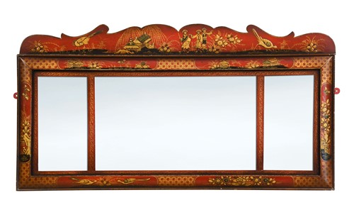 Lot 345 - A red and gilt Japanned overmantel mirror, early 20th century