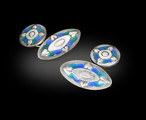 Lot 80 - Liberty & Co., a pair of Art Nouveau silver and enamel cufflinks