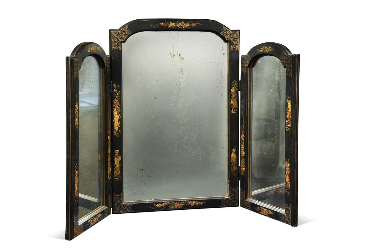 Lot 346 - A black and gilt japanned three-fold mirror, early 20th century