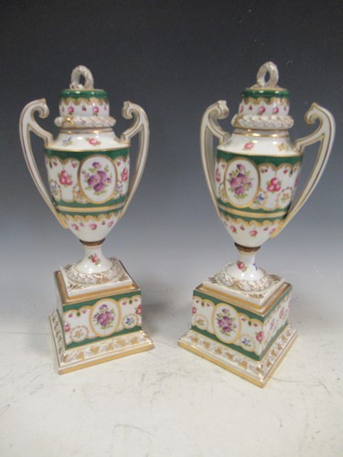 Lot 13 - A pair of Dresden vases with covers, 31cm high