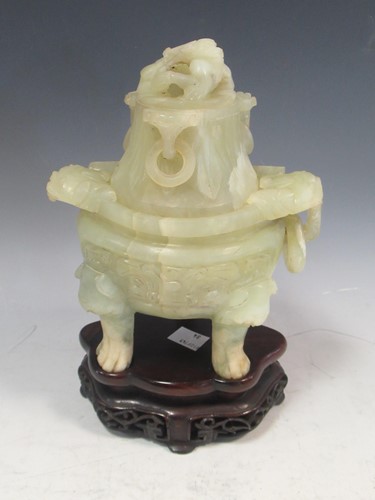 Lot 94 - Jade censer on tri-form legs with chilong...