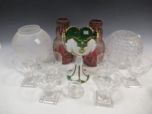 Lot 53 - A pair of cranberry and gilt glass vases, 25cm...
