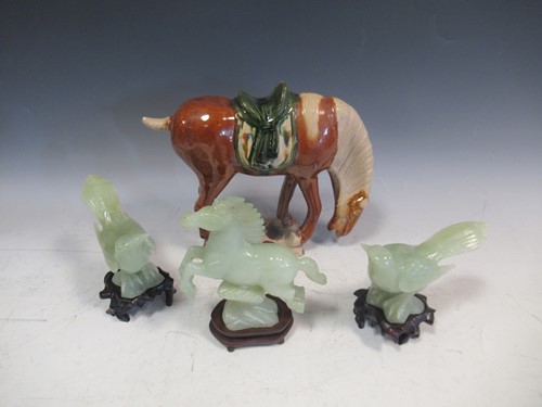 Lot 1 - Three jade figures of two magpies and a...