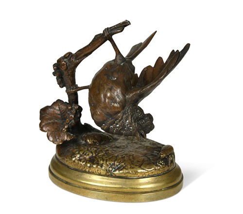 Lot 406 - Jules Moigniez (1835-1894), a bronze study of a songbird under a leafy branch