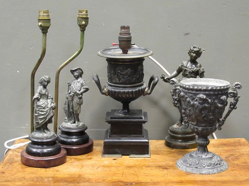 Lot 527 - A spelter campana type lamp base on ebonised...