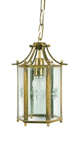Lot 374 - A hexagonal brass hall lantern, 20th century