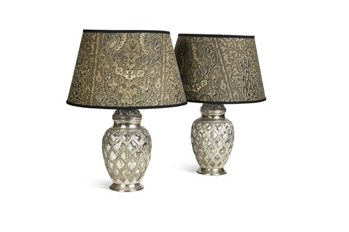 Lot 479 - A pair of decorative white metal table lamps with handmade Bennison fabric shades