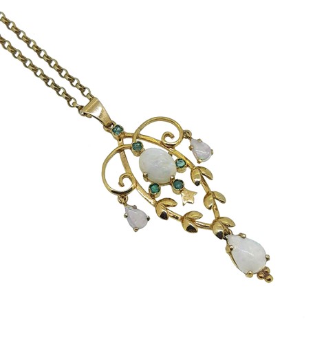 Lot 144 - A late 20th century opal and emerald pendant and chain