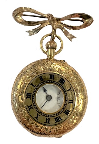 Lot 310 - Unsigned - An 18ct gold half hunter pocket watch with a later 9ct gold bow brooch