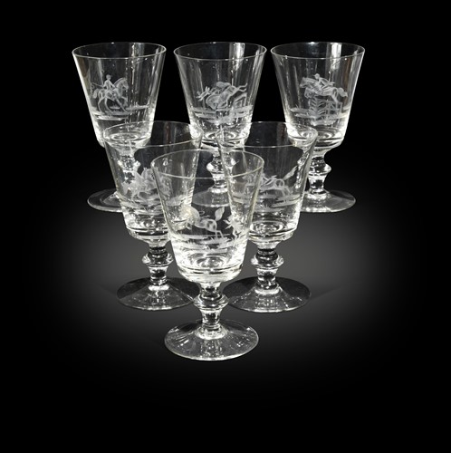 Lot 434A - A set of six large equestrian themed wine glasses, 20th century