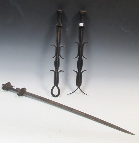 Lot 138 - A native curved bladed sword with wood handle,...