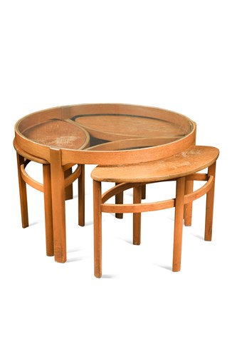 Lot 206 - A Nathan Teak Trinity circular glass top table with nest of three coffee tables below, 1970s