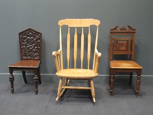 Lot 379 - Two late Victorian oak hall chairs, a 20th...