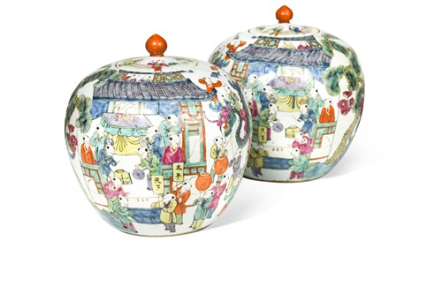 Lot 37 - A pair of Chinese famille rose porcelain ginger jars and covers, late Qing Dynasty, circa 1910