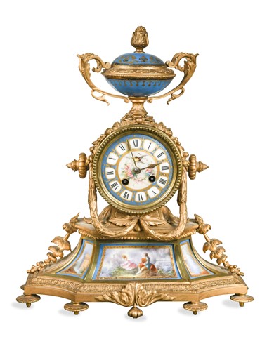 Lot 518 - A French ormolu and Sèvres style mantel clock, 19th century
