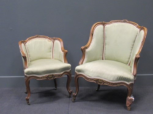 Lot 385 - Louis XV style bergère chair in green with...