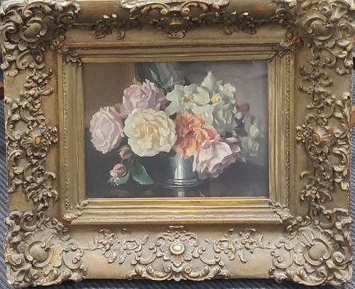 Lot 278 - T Sherlock Evans (1893-1982) Roses in Pewter...