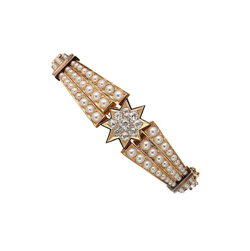 Lot 195 - A diamond and split pearl hinged bangle