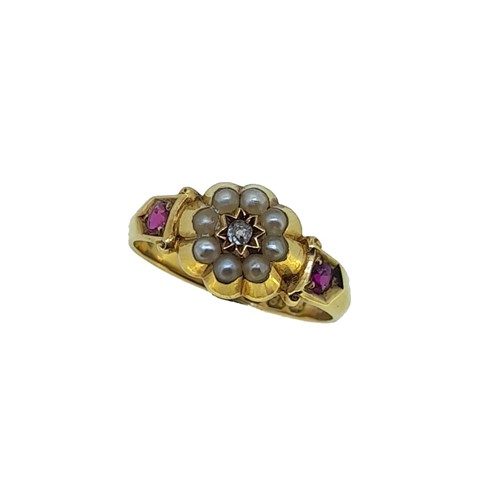 Lot 108 - A Victorian 18ct gold diamond, split pearl and ruby cluster ring