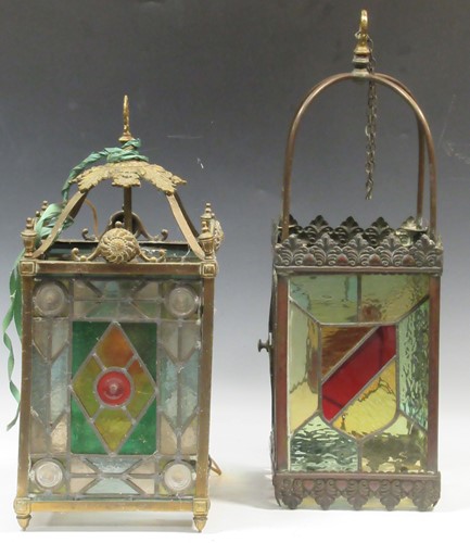 Lot 126 - Two Victorian brass and coloured glass hall...