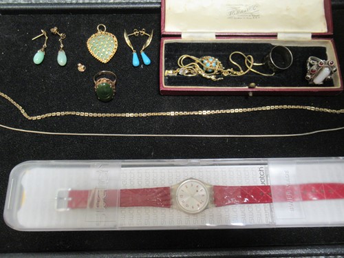 Lot 195 - A pair of blue stone earrings tested as 18ct...