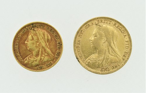 Lot 46 - Victoria gold sovereign and half sovereign,...