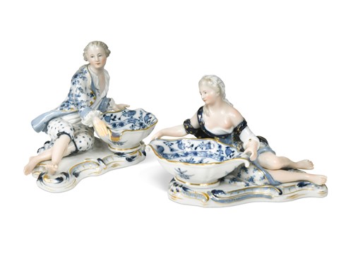 Lot 614 - A pair of Meissen blue and white figural sweetmeats, early 20th century
