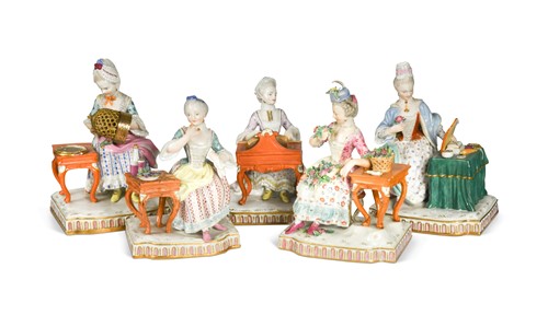 Lot 604 - A set of five Meissen ladies seated stimulating their senses