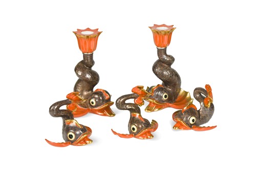 Lot 627 - A pair of Herend candlesticks modelled as fish