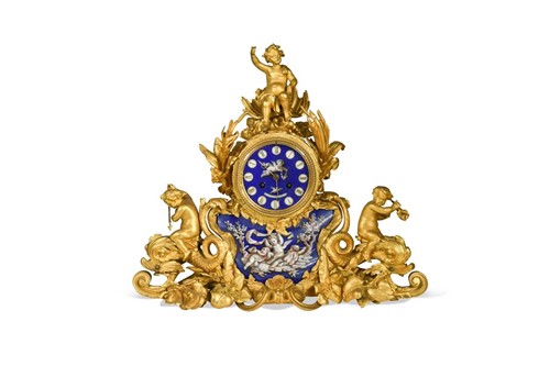 Lot 510 - A French ormolu and porcelain mantel clock, 19th century