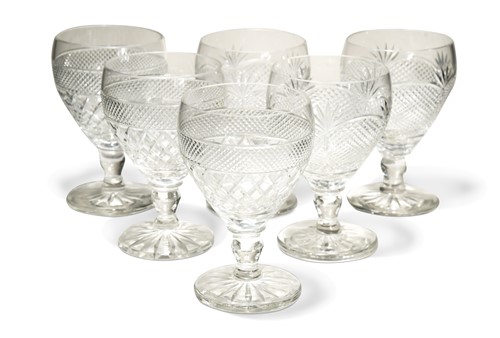 Lot 580 - Two sets of three glass rummers, 19th century