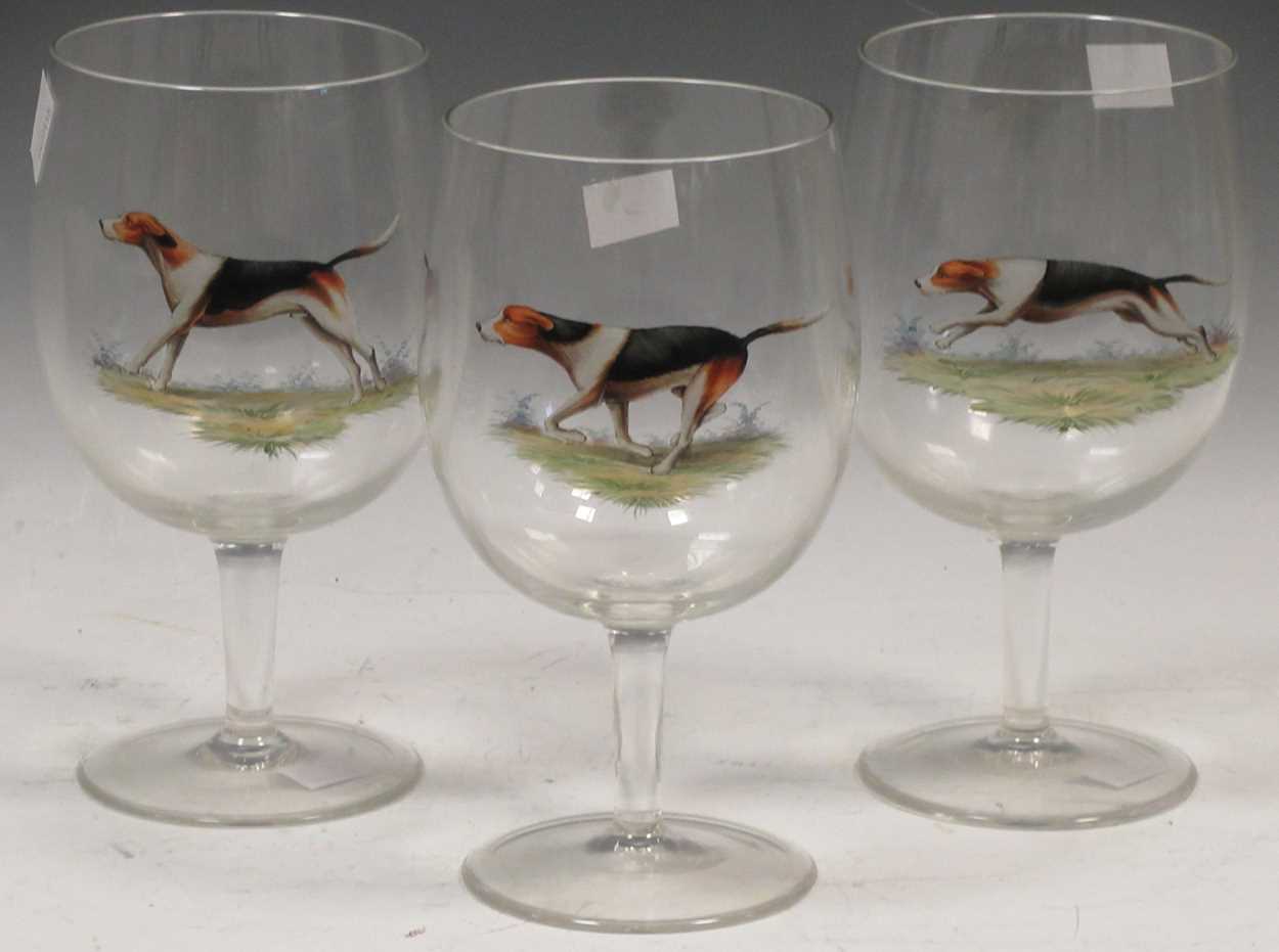 Lot 51 - Three large wine glasses hand painted with...