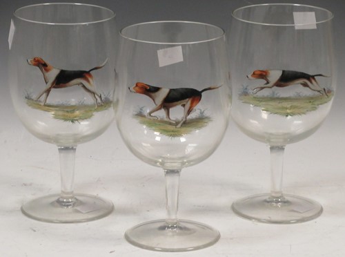 Lot 51 - Three large wine glasses hand painted with...