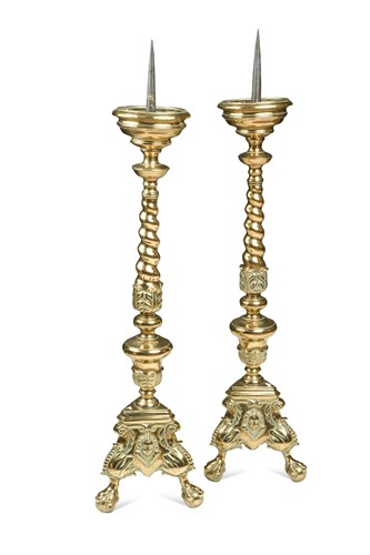 Lot 343 - A pair of brass pricket candlesticks, 19th century