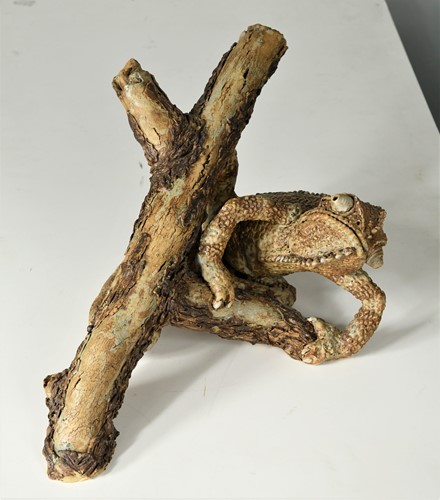 Lot 90 - David Cooke (1970-), a ceramic sculpture of a chameleon on a branch, 1996