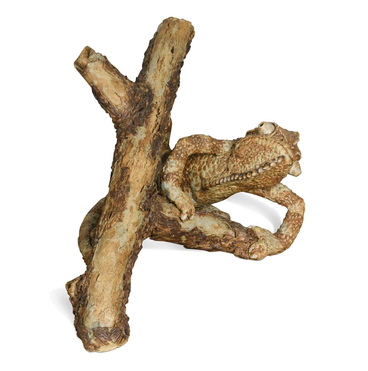 Lot 90 - David Cooke (1970-), a ceramic sculpture of a chameleon on a branch, 1996